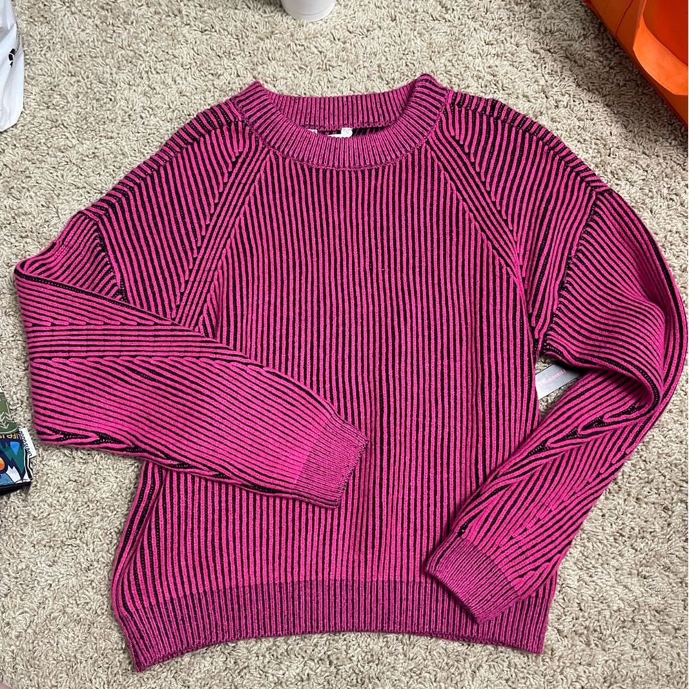 NWT Women’s ’No Boundaries’ pink and black striped knit sweater size Large